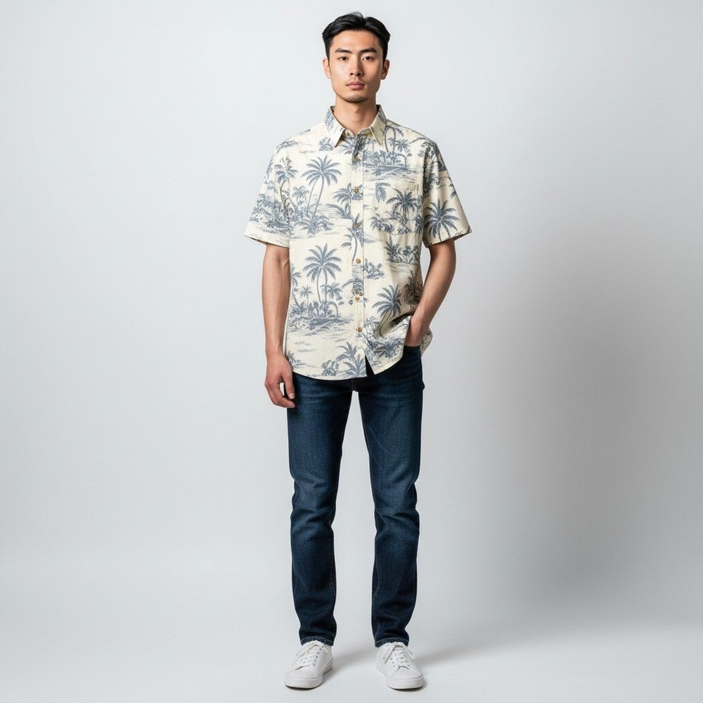 IZOD Saltwater Shirt M Beige Blue Palm Tree Dockside Chambray Print IZSG B89R